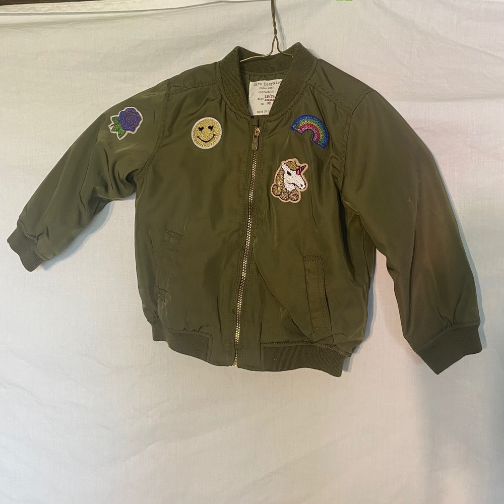 Zara BabyGirl Olive Green Bomber Jacket with Sequin Patches 18/24 Months‎